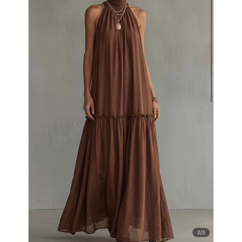Women' Retro Ruffled Mock Neck Sleeveless Maxi Dress - Picture 2 of 4